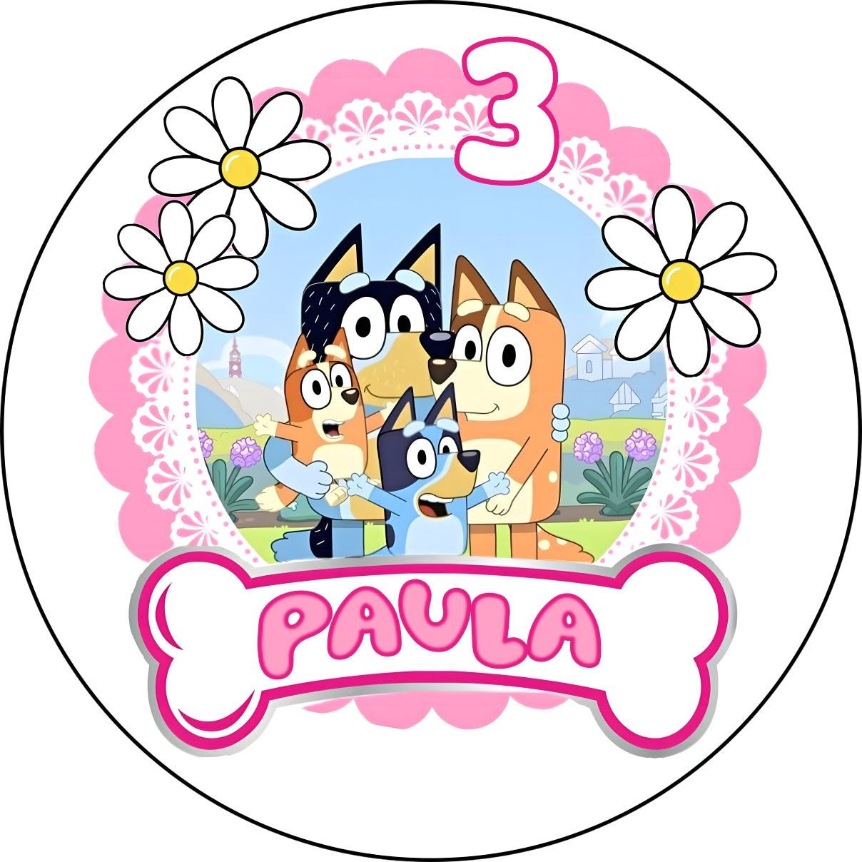 Oblea comestible personalizada BLUEY con tu nombre en el hueso para tarta de cumpleaños