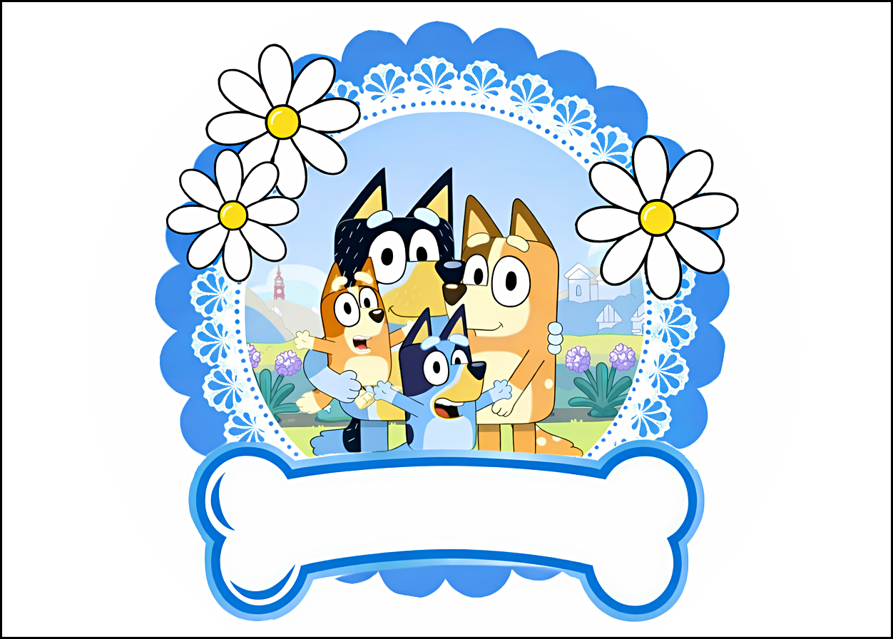 Oblea comestible personalizada BLUEY con tu nombre en el hueso para tarta de cumpleaños
