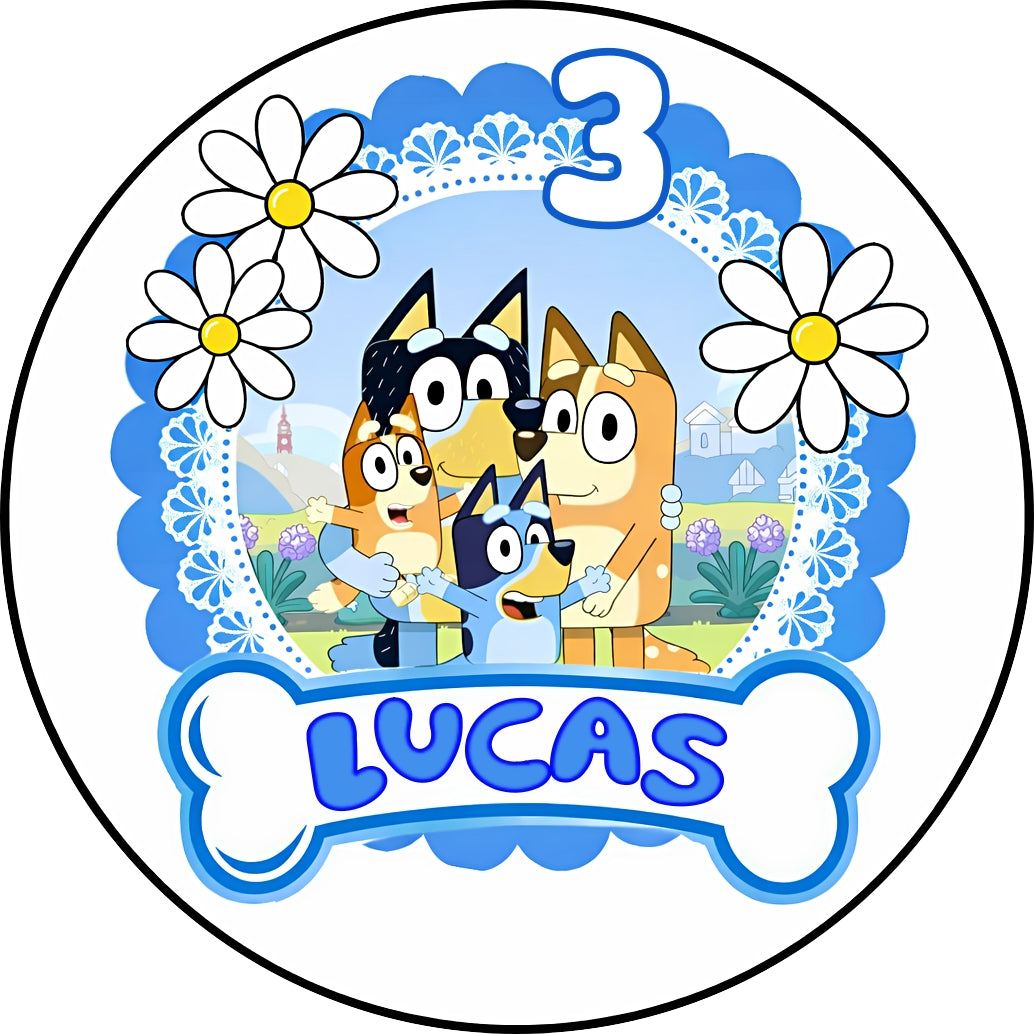 Oblea comestible personalizada BLUEY con tu nombre en el hueso para tarta de cumpleaños