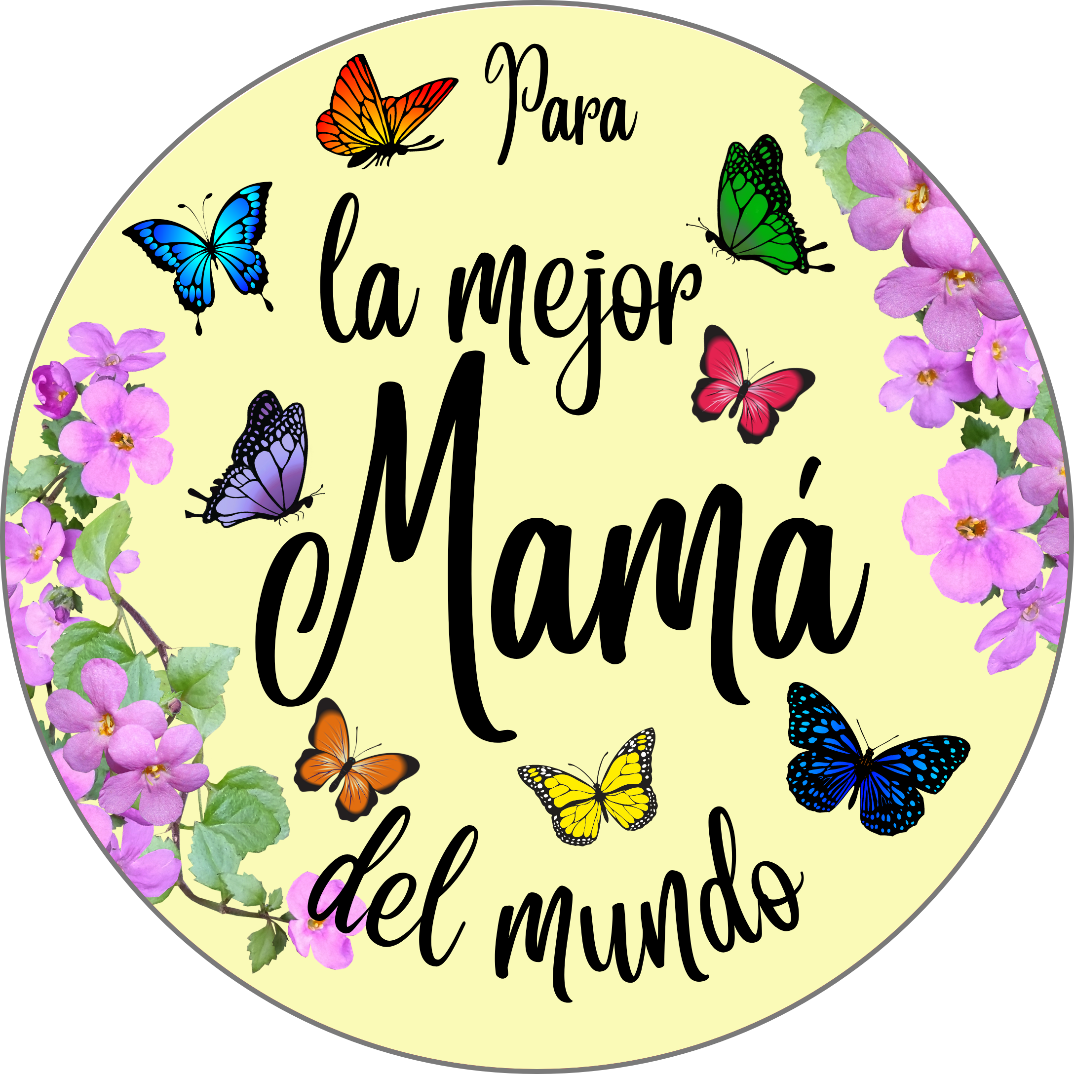 Topper comestible Día de la Madre con madre e hija, diseño elegante con flores y mariposas, papel de azúcar personalizado
