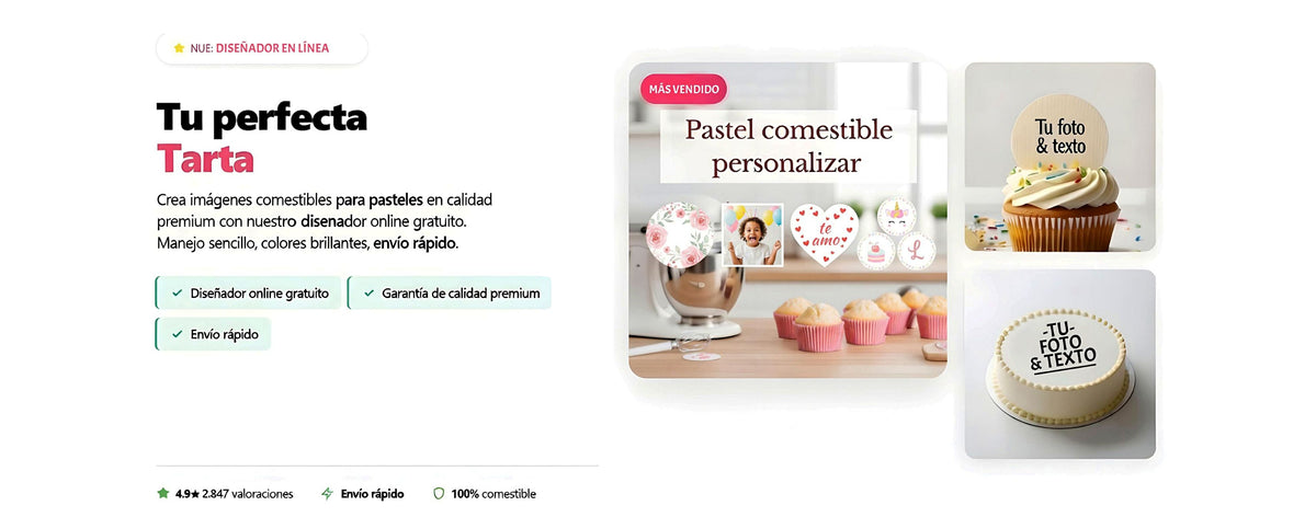 Diseñador online gratuito para crear imágenes comestibles con foto y texto personalizados para tartas, magdalenas, cupcakes, galletas