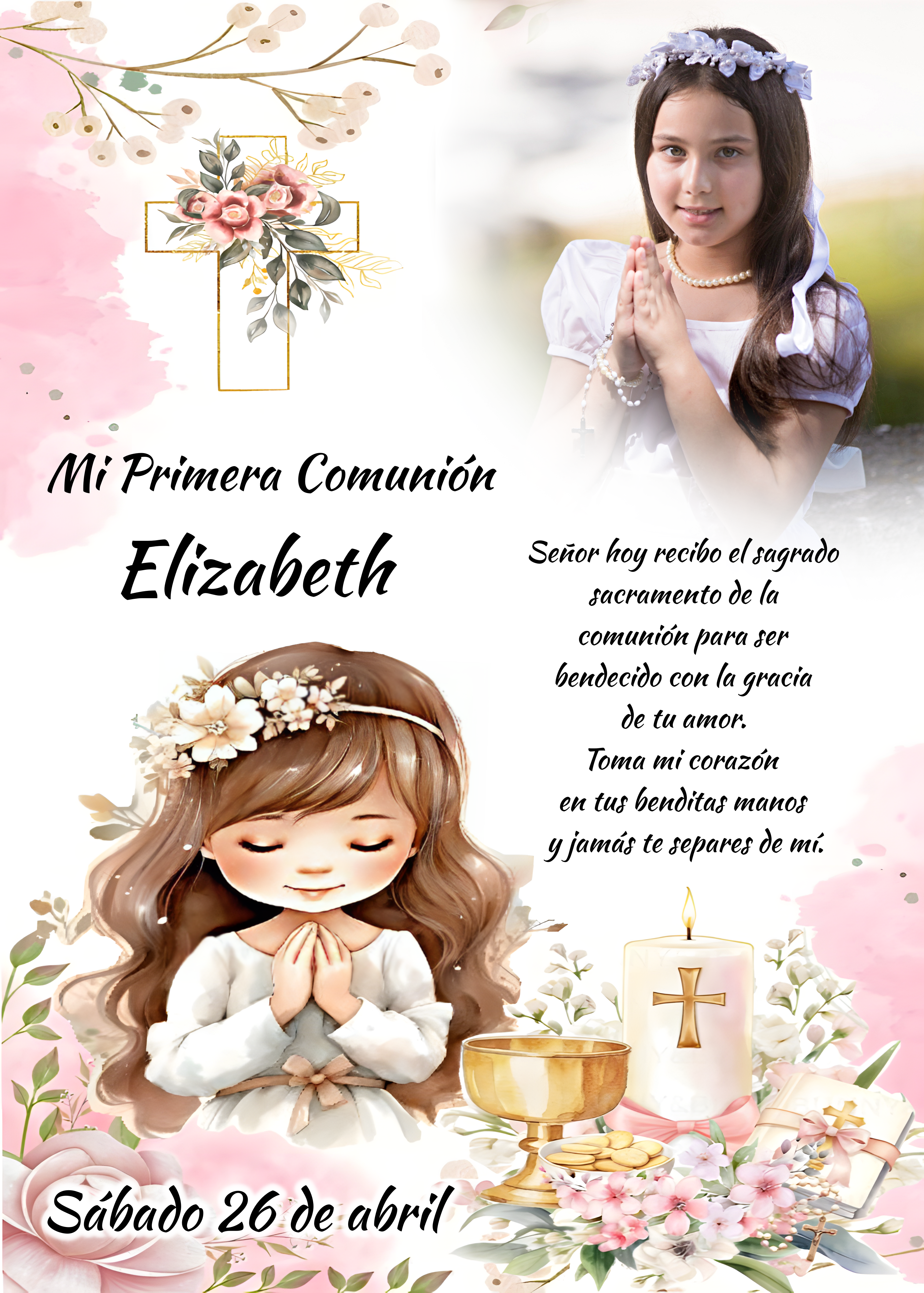 Decoración para tarta de primera comunión niña con imagen comestible