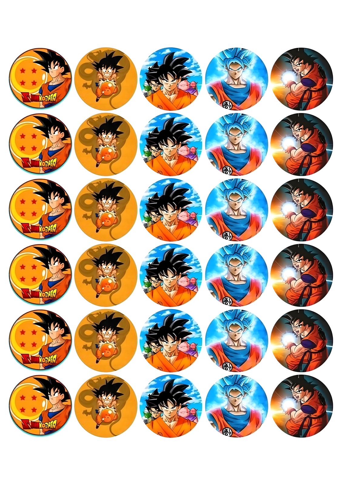 Lámina de 30 círculos comestibles de Dragon Ball con Goku y esferas del dragón. magdalenas, cupcakes, galletas