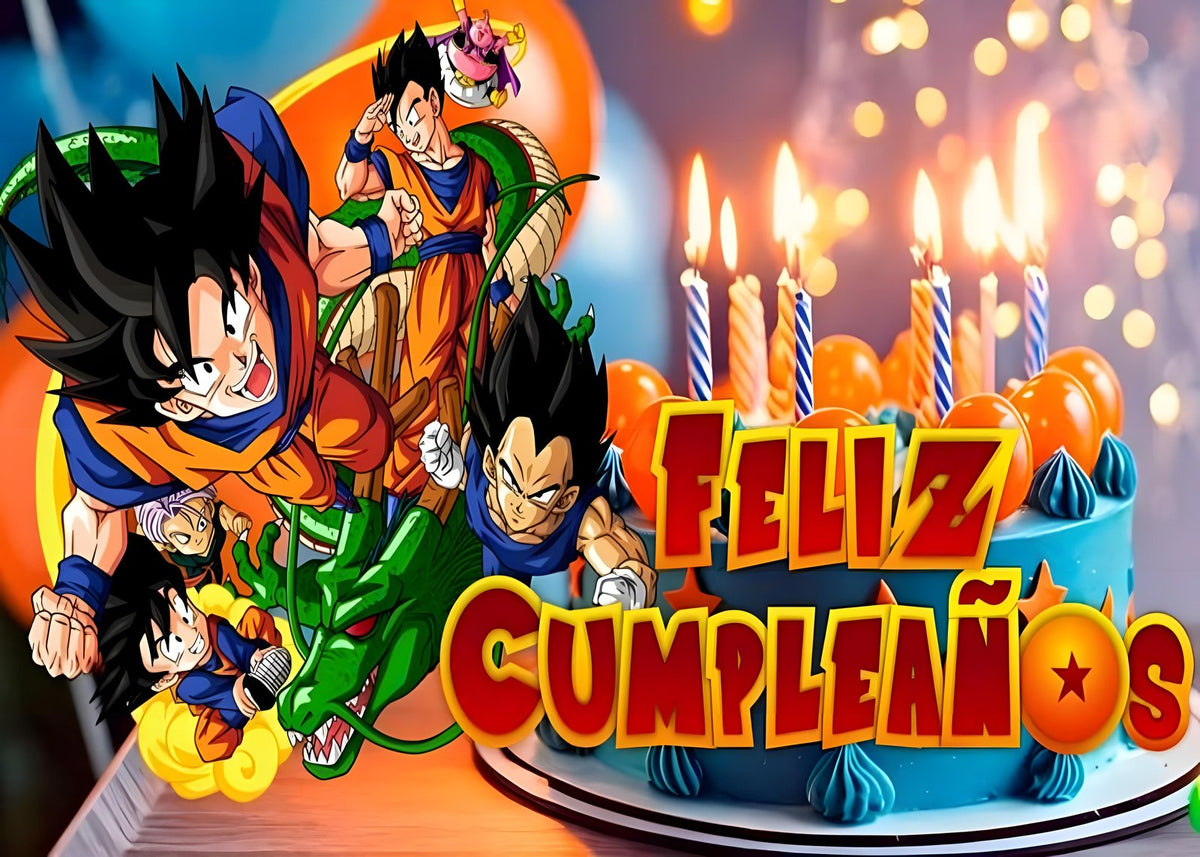 Oblea personalizable de Dragon Ball con Goku, Shenron y esferas sobre fondo naranja