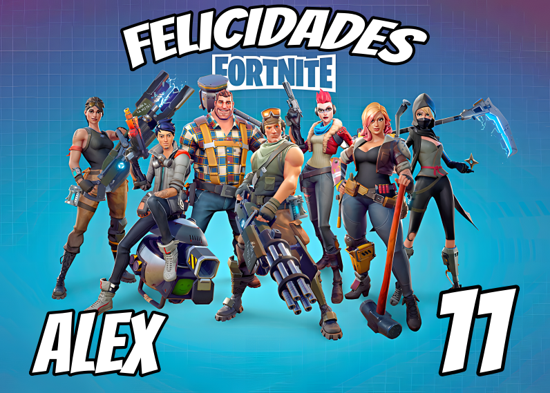 Imagen comestible estilo Fortnite battle royal para tarta y cupcakes, disponible en formato redondo o rectangular, en oblea o papel de azúcar, personalizable con texto
