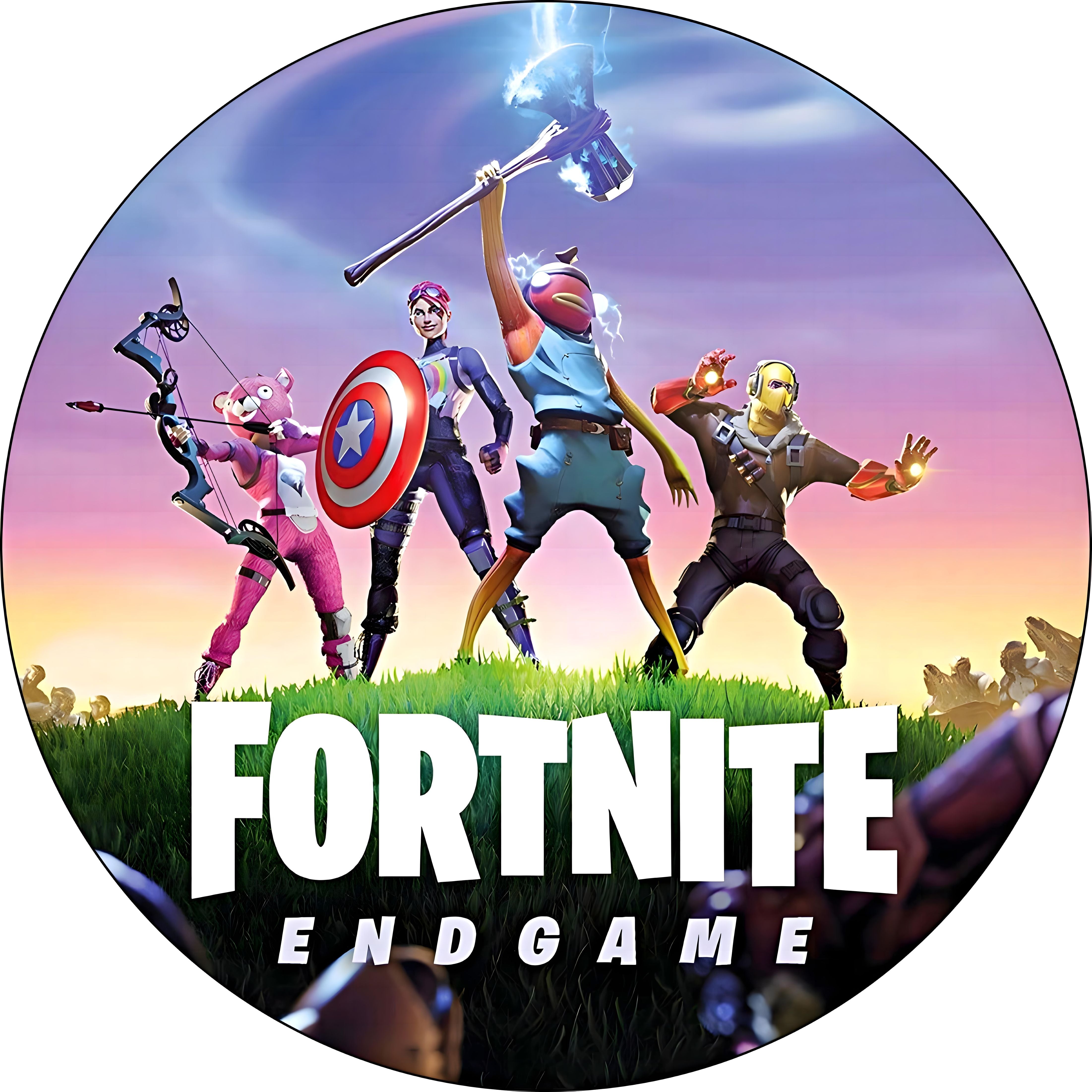 Imagen comestible estilo Fortnite para tarta y cupcakes, disponible en formato redondo o rectangular, en oblea o papel de azúcar, personalizable con texto