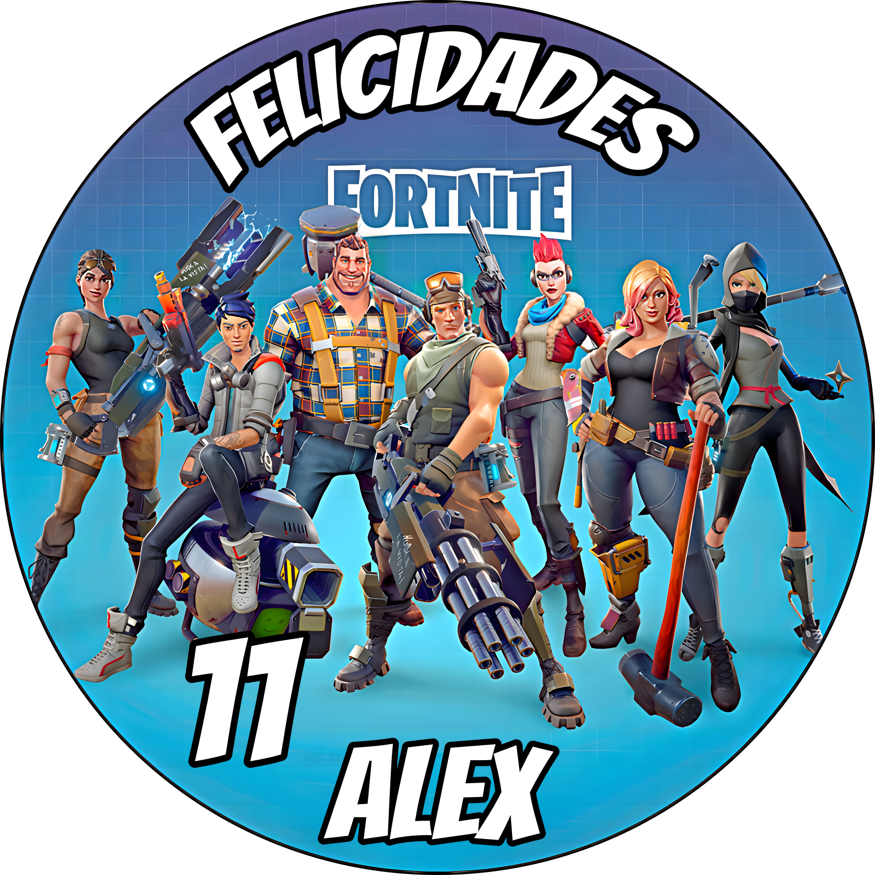 Imagen comestible estilo Fortnite battle royal para tarta y cupcakes, disponible en formato redondo o rectangular, en oblea o papel de azúcar, personalizable con texto