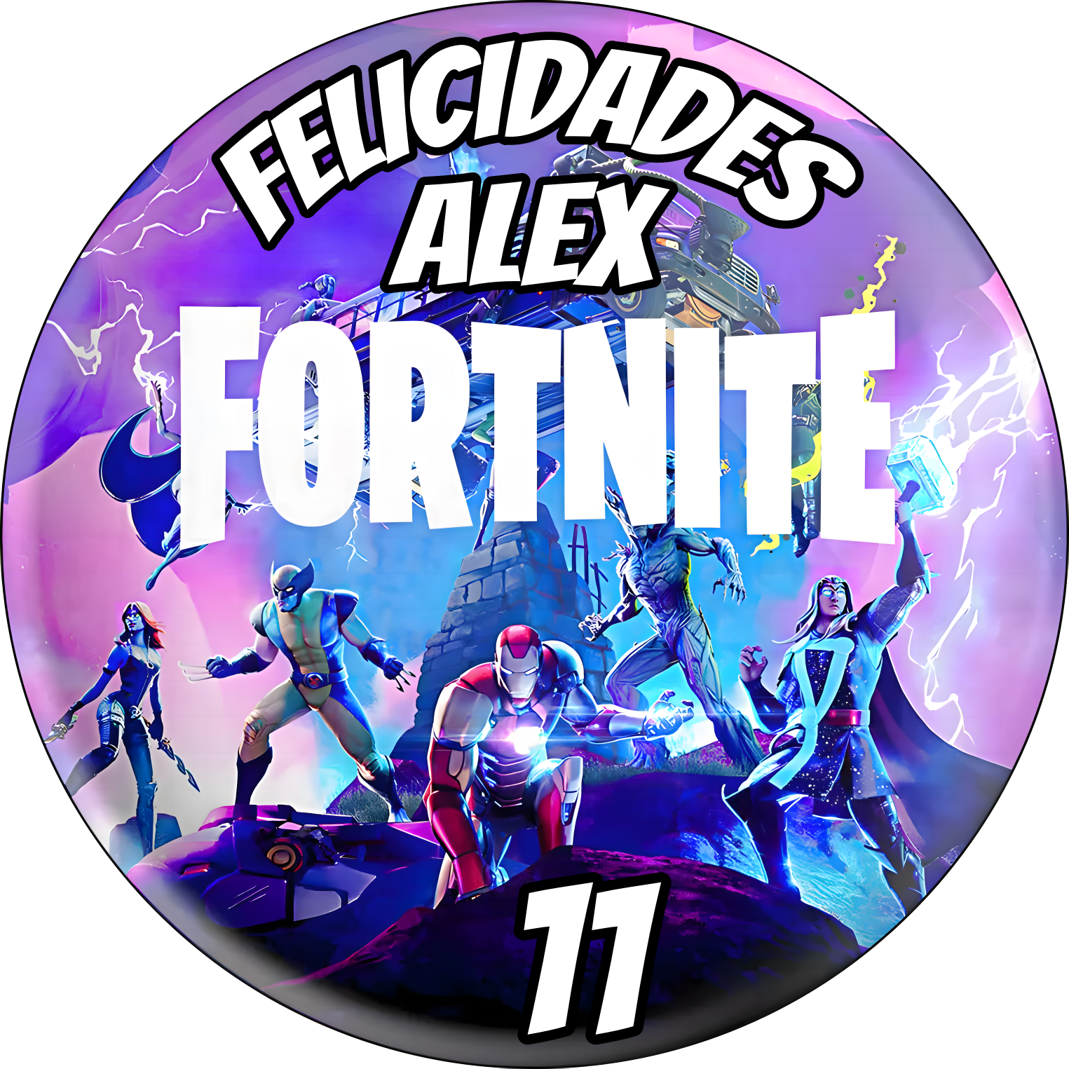 Imagen comestible estilo Fortnite battle royal para tarta y cupcakes, disponible en formato redondo o rectangular, en oblea o papel de azúcar, personalizable con texto