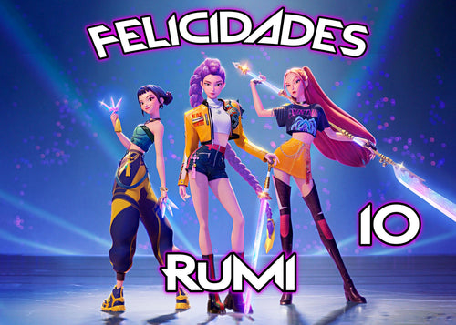 Foto comestible redonda personalizada con diseño de tres cantantes K-Pop Demon Hunters, texto Felicidades, nombre Remi y número 10 para cumpleaños.