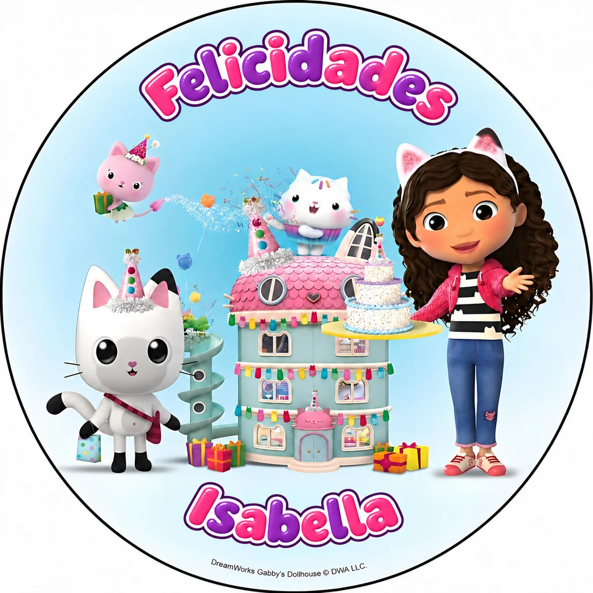 Round Gabby’s Dollhouse edible cake topper with personalized text