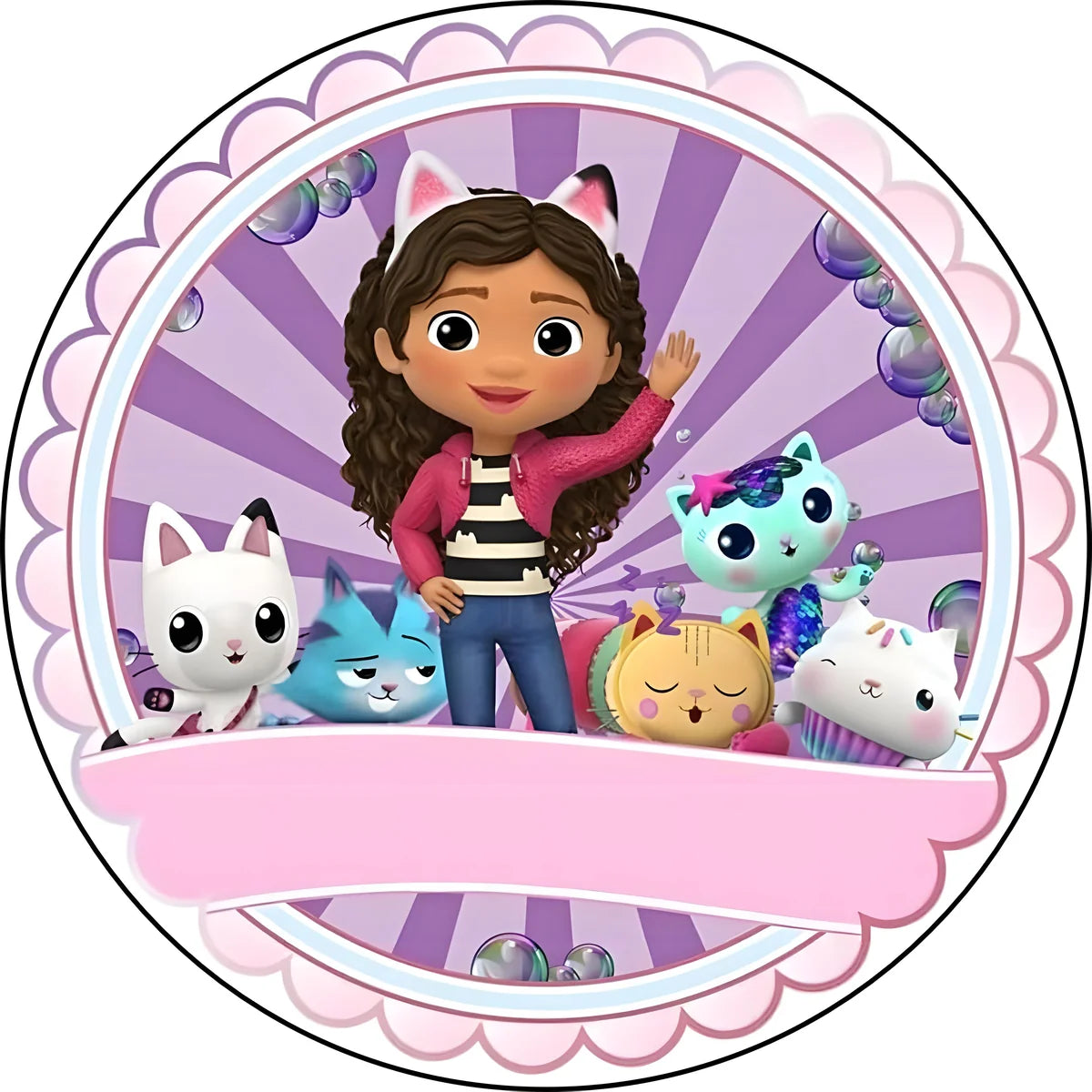 Personalizable Gabby’s Dollhouse edible cake topper with a purple frame