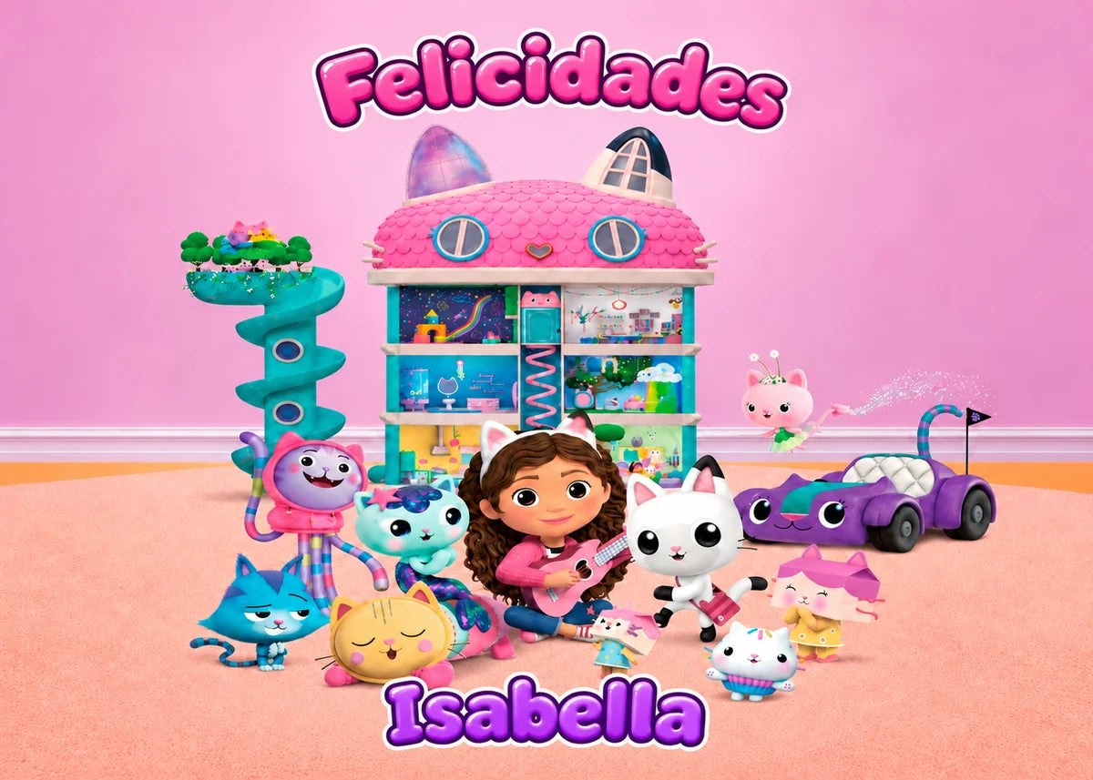 Oblea circular personalizable de La Casa de Muñecas de Gabby en la sala de juegos