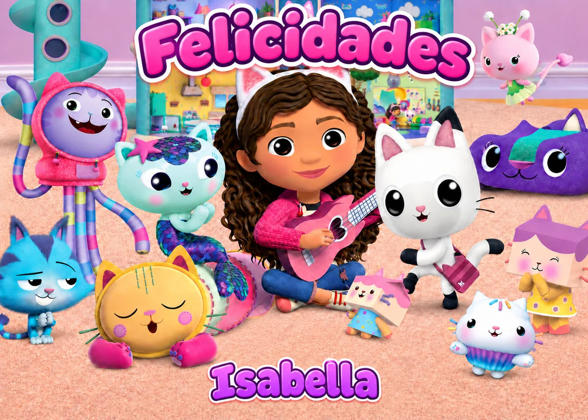 Oblea rectangular personalizable de La Casa de Muñecas de Gabby en la sala de juegos