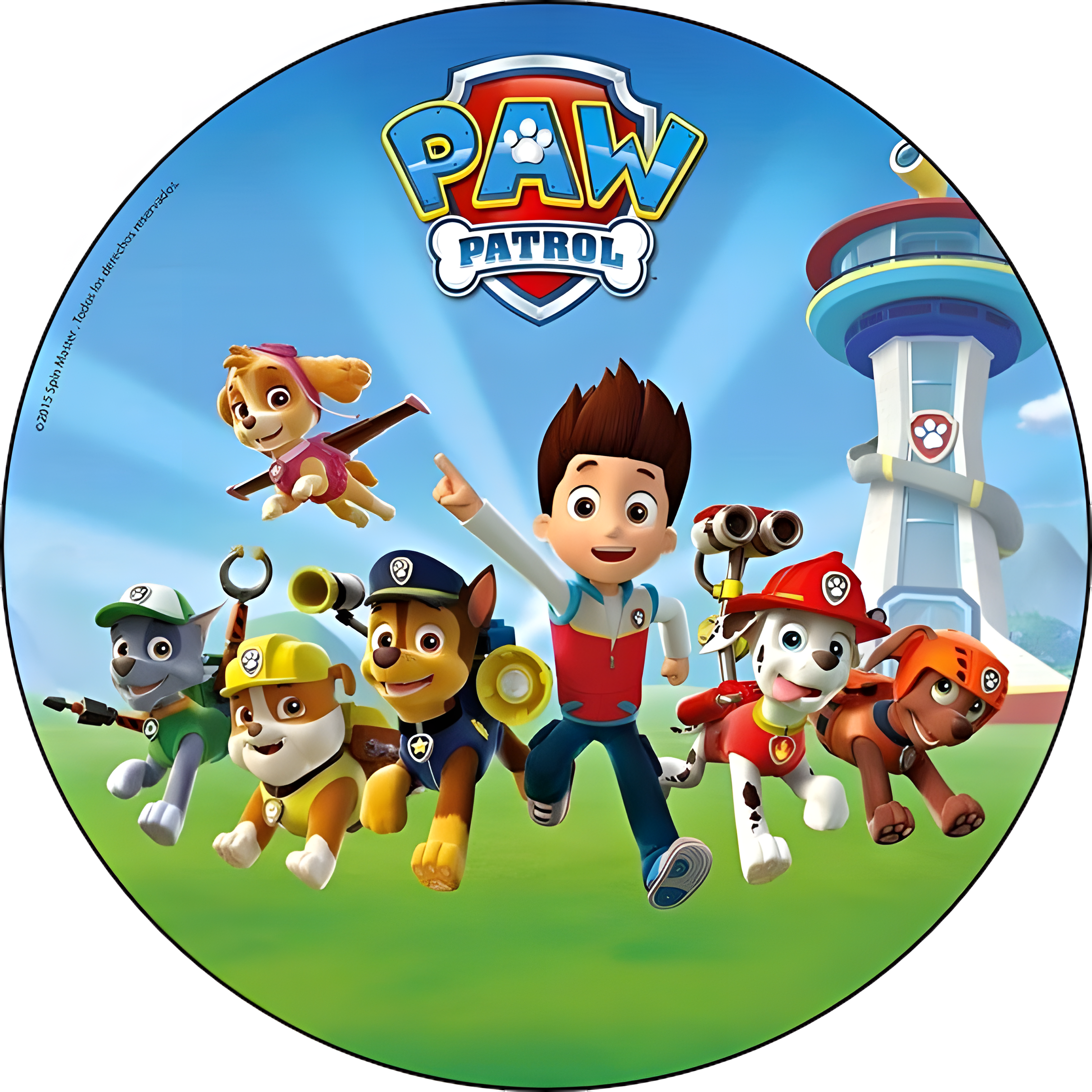 Imagen comestible redonda de La Patrulla Canina, Paw Patrol, impresa en papel de azúcar u oblea, perfecta para decorar tartas, cupcakes, magdalenas o galletas en fiestas de cumpleaños infantiles.