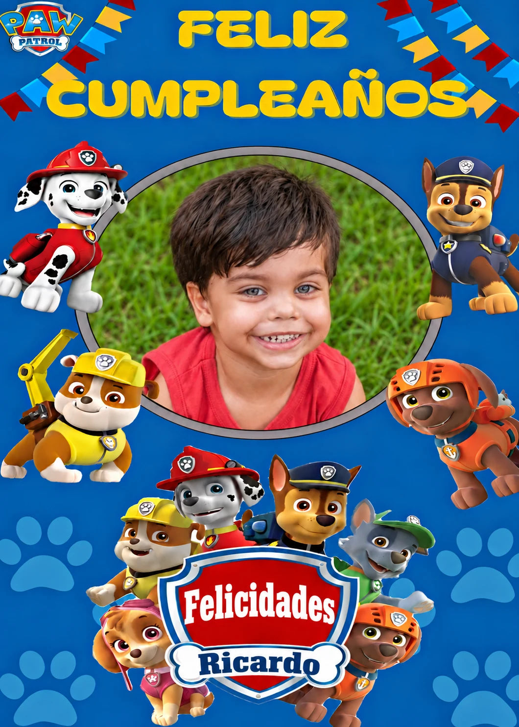 Oblea o papel de azúcar de Paw Patrol con fotografía y texto personalizados para cumpleaños.