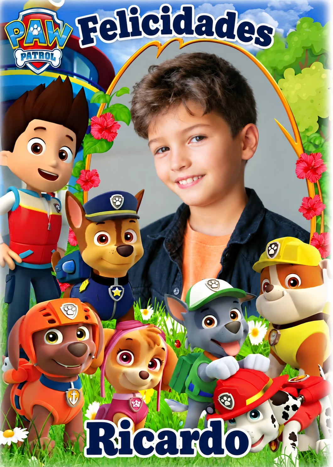 Oblea o papel de azúcar de Paw Patrol personalizable con imagen y mensaje a elegir.