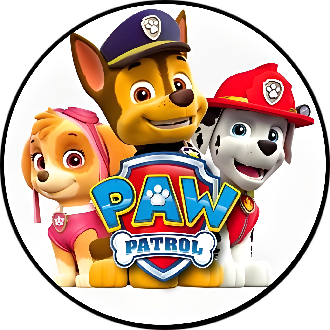 Imagen comestible redonda de La Patrulla Canina, Paw Patrol, impresa en papel de azúcar u oblea, perfecta para decorar tartas, cupcakes, magdalenas o galletas en fiestas de cumpleaños infantiles.