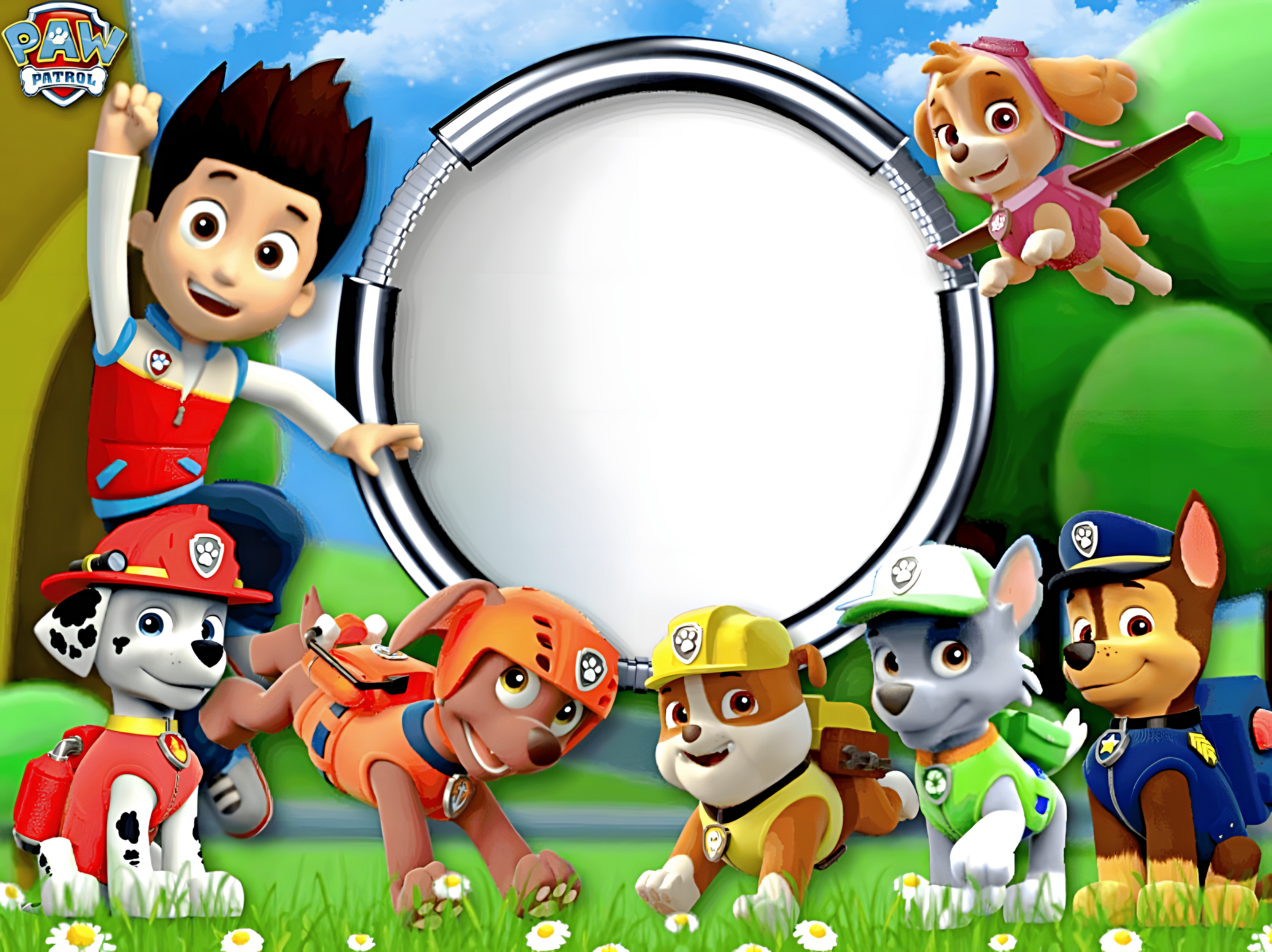 Imagen comestible redonda de La Patrulla Canina, Paw Patrol, impresa en papel de azúcar u oblea, perfecta para decorar tartas, cupcakes, magdalenas o galletas en fiestas de cumpleaños infantiles.