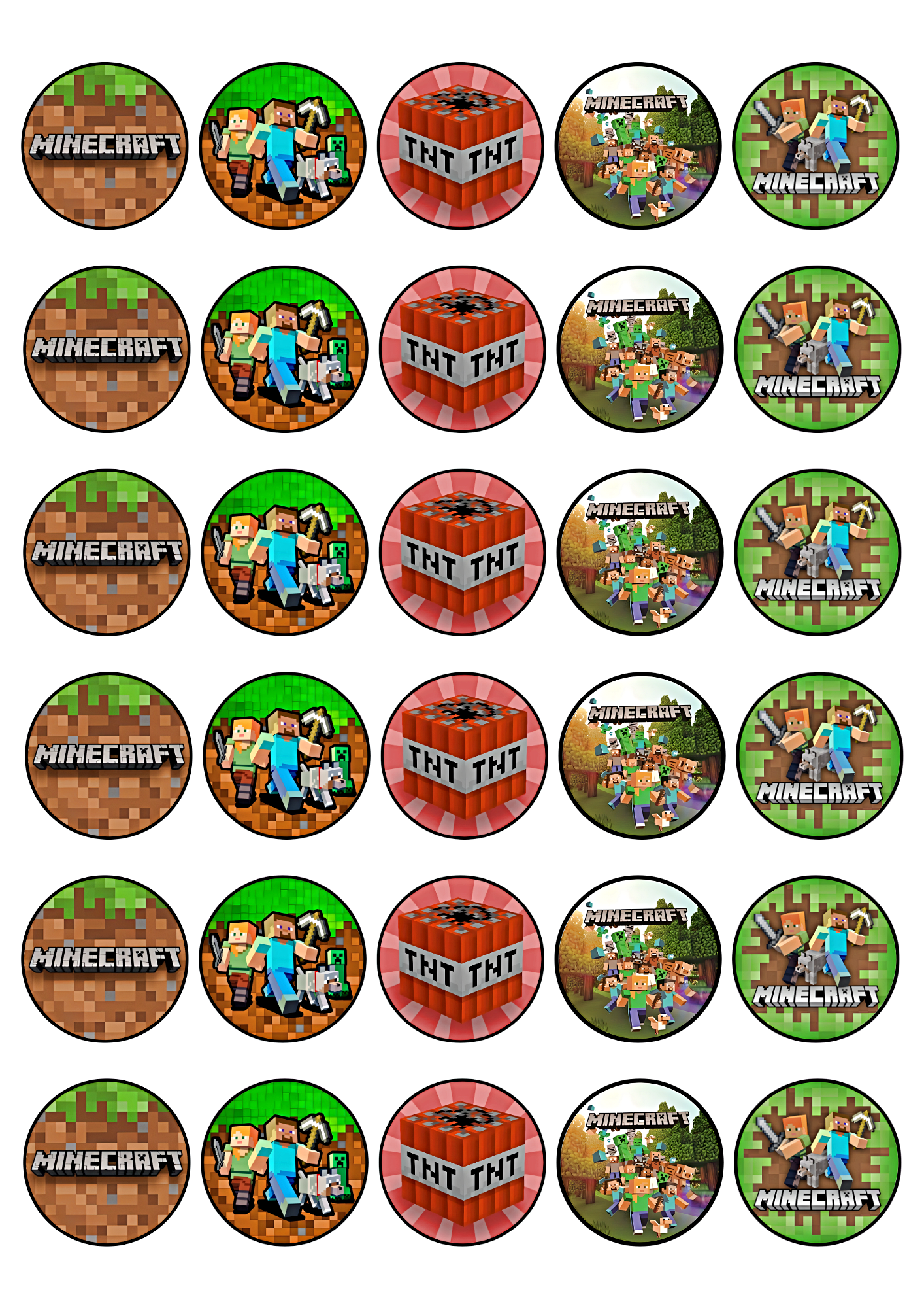 30 magdalenas temáticas de Minecraft dispuestas en filas, cada una decorada con una oblea comestible precortada a color con personajes pixelados, bloques, Creepers, Steve, espadas y otros iconos del juego sobre glaseado blanco.