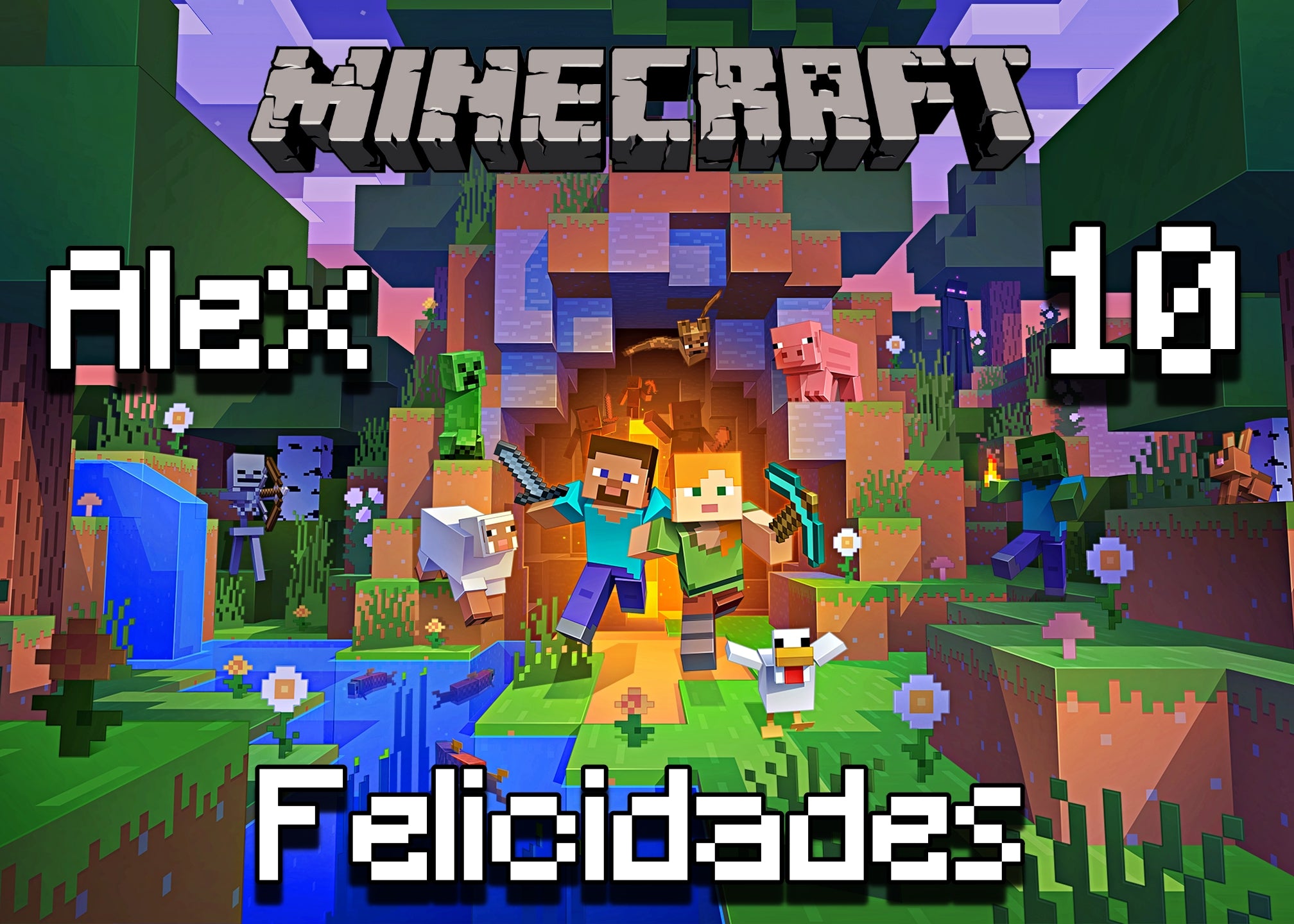 Oblea comestible rectangular con Minecraft sobre fondo azul personalizable con nombre y edad para tarta de cumpleaños.