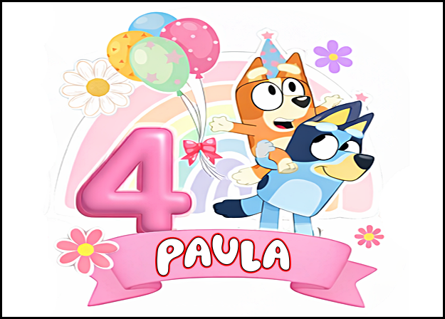 Imagen comestible para una tarta de BLUEY con la edad y una pancarta con el nombre - Rectangular