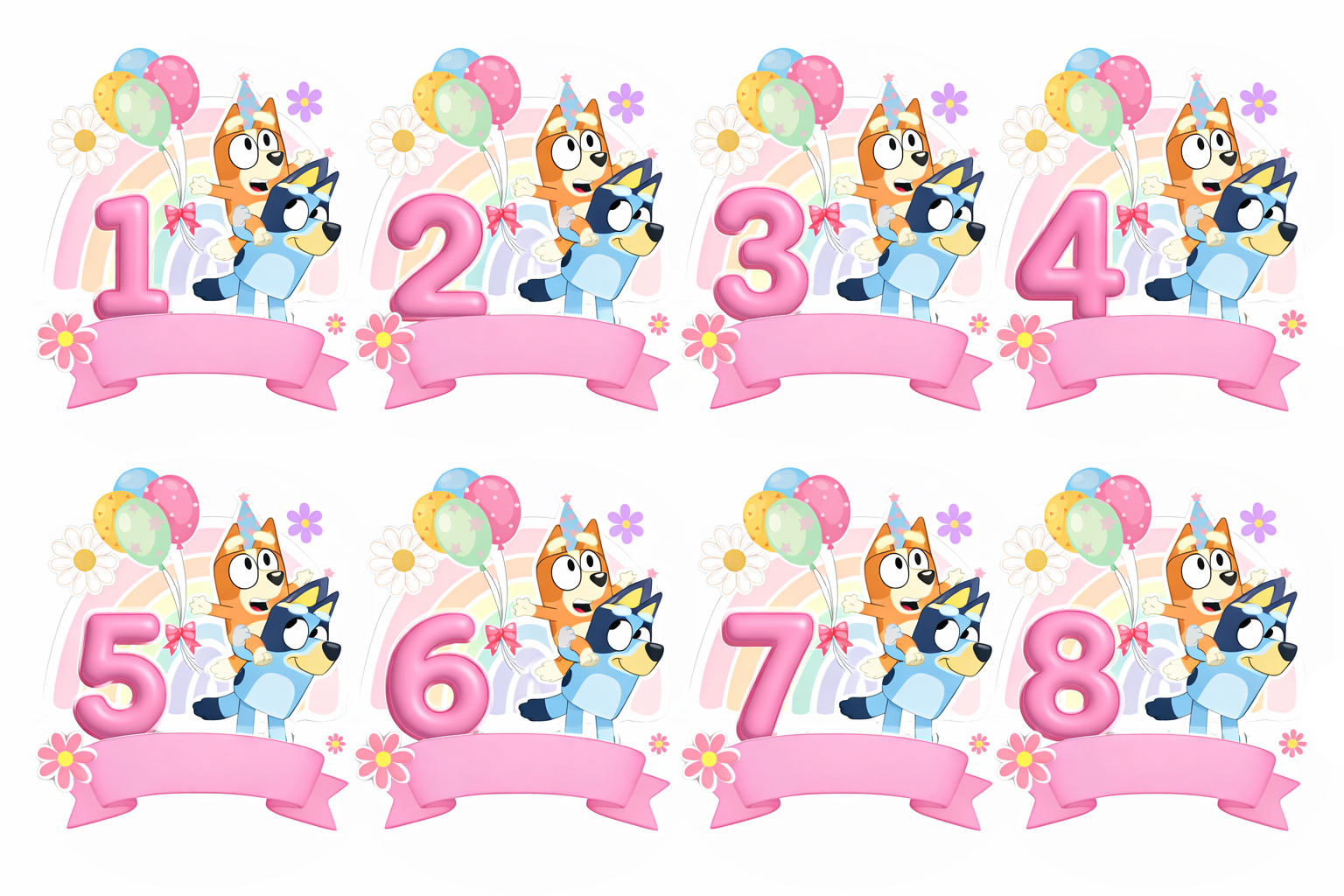 Topper comestible de Bluey y Bingo con números de edad para tartas, cupcakes o galletas en fiestas de cumpleaños infantiles
