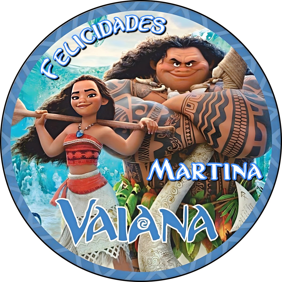 Foto Comestible para tarta personalizada MOANA VAIANA en una oblea personalizada con una foto y un texto