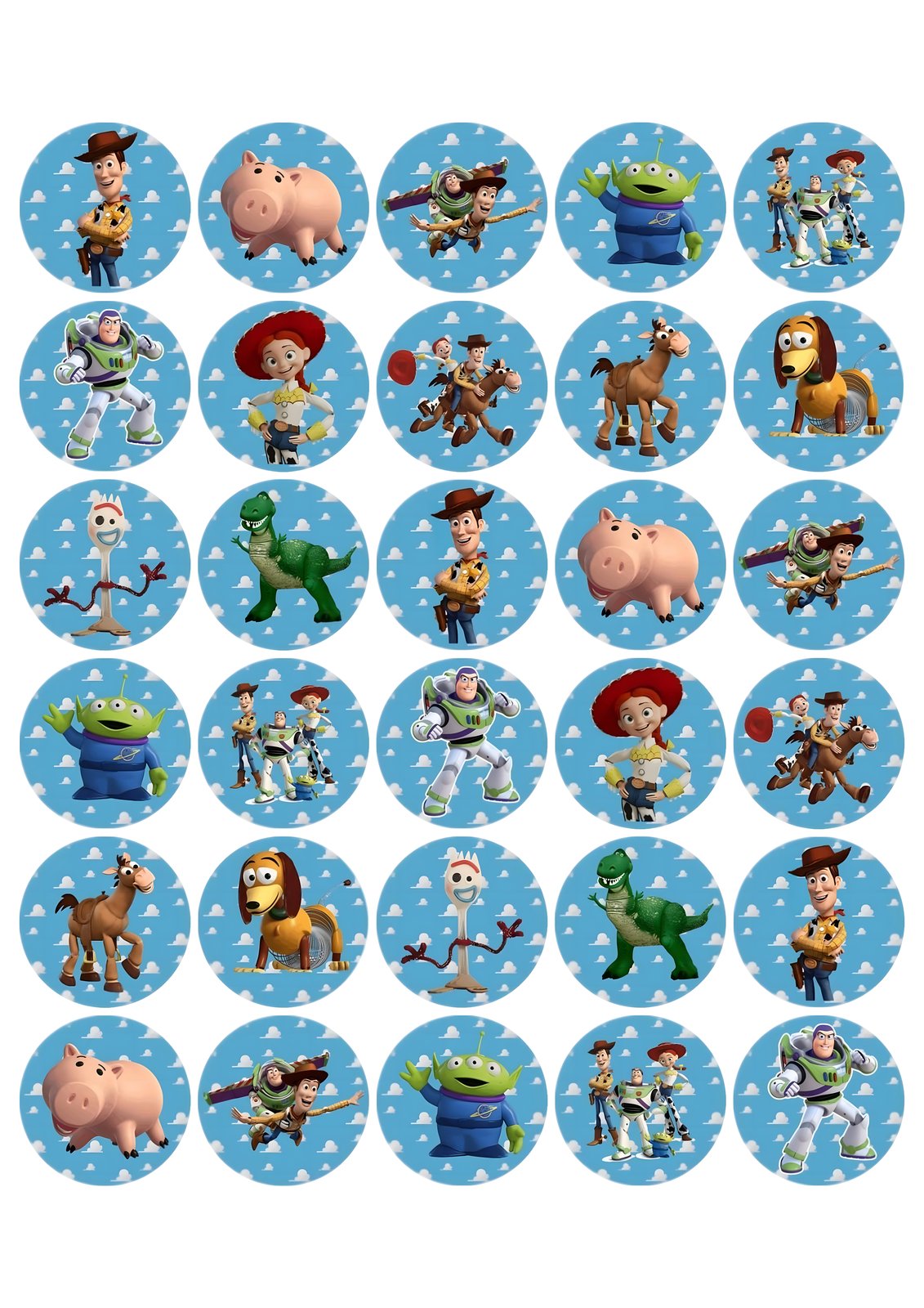 30 obleas de Toy Story para cupcakes con fondo azul, magdalenas, galletas