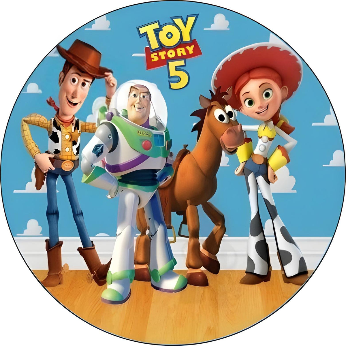 Diseño circular de Toy Story con Woody, Buzz y Jessie