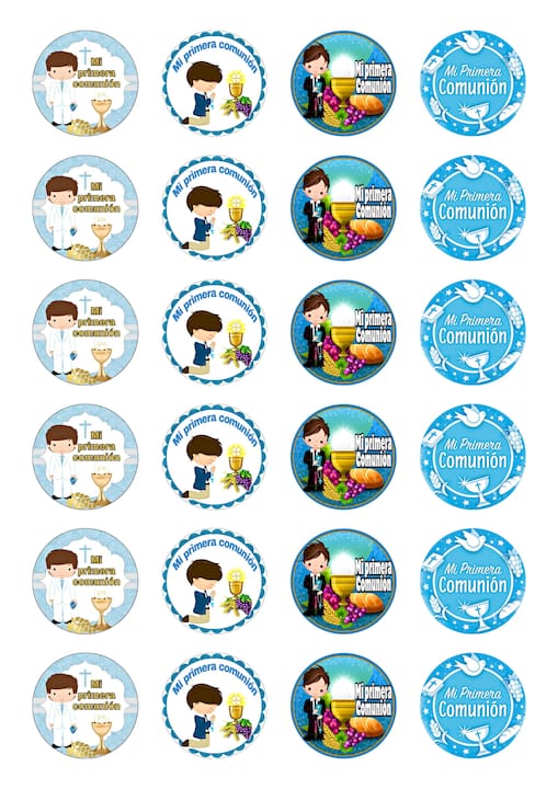 Surtido de obleas comestibles redondas de Primera Comunión para niño con cuatro diseños azules para tartas, cupcakes y magdalenas.