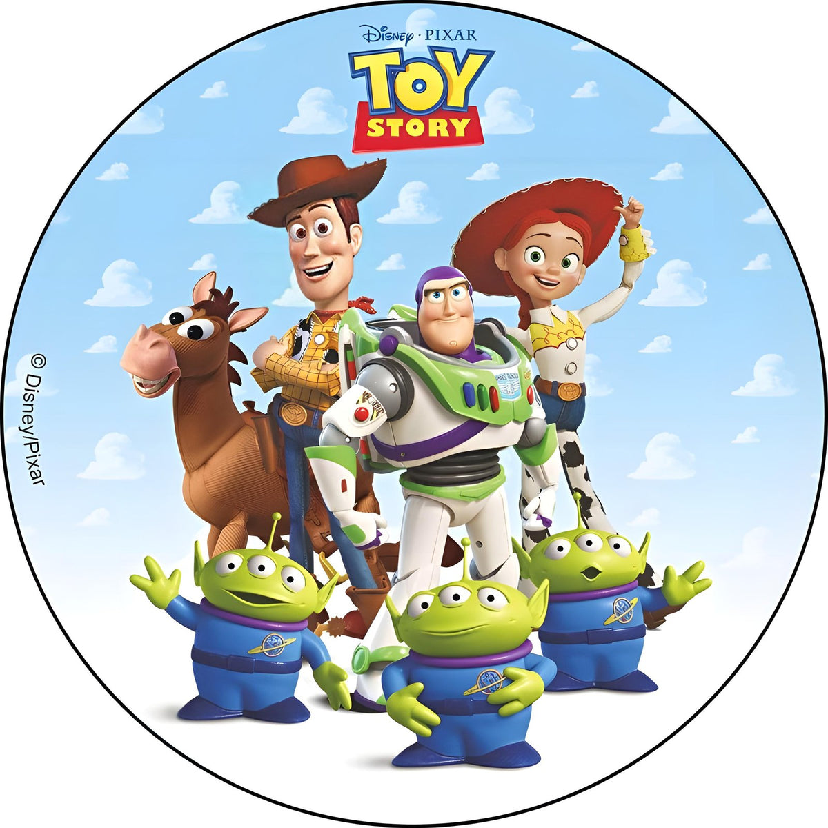 Diseño circular de Toy Story con aliens para tarta