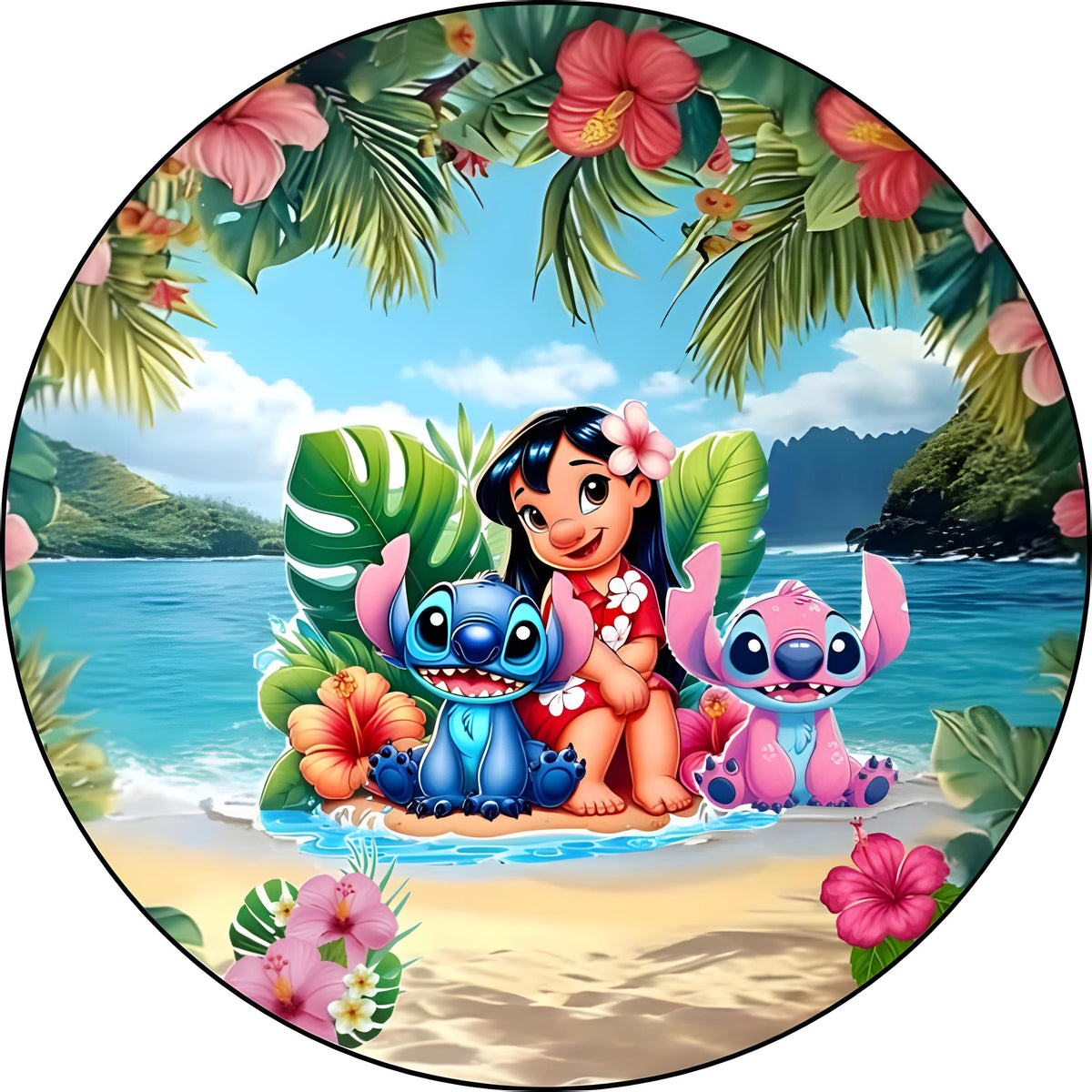 Oblea comestible redonda de Lilo, Stitch y Angel para cumpleaños infantil