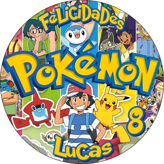 Decoración para tarta Pokémon con Pikachu y texto personalizado