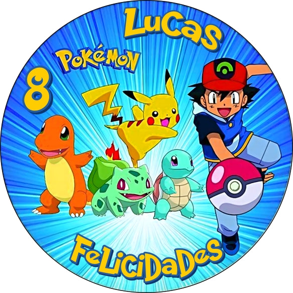 Topper comestible Pokémon redondo con Pikachu, Charizard y Poké Ball