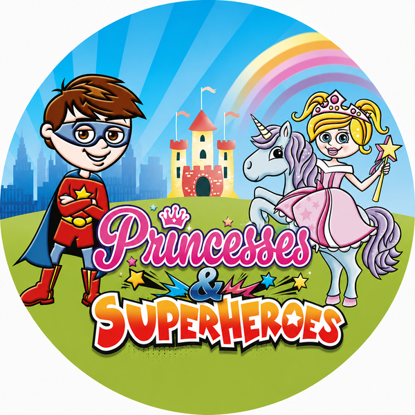 Oblea comestible personalizada para tarta con diseño de princesas y superhéroes, ideal para cumpleaños infantiles.