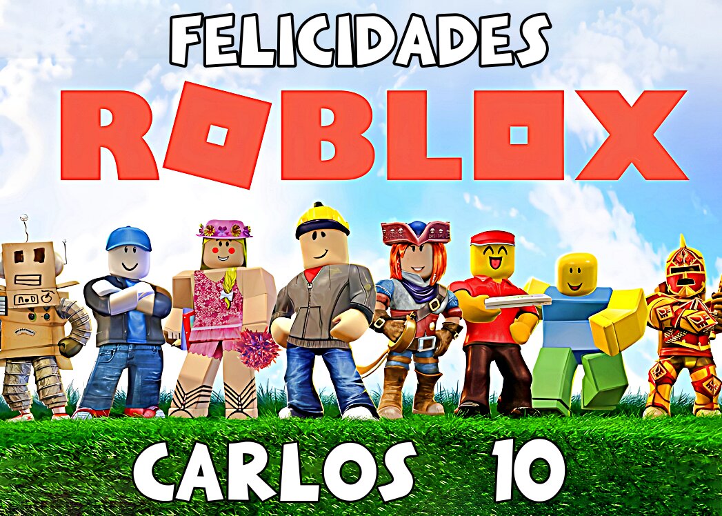 Diseño circular con personajes de Roblox, logotipo rojo y fondo de cielo azul y césped.