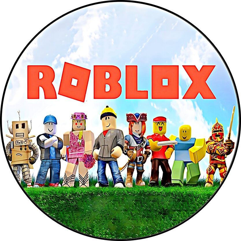 Diseño circular de Roblox personalizado con nombre, edad y felicitación sobre cielo azul y césped.
