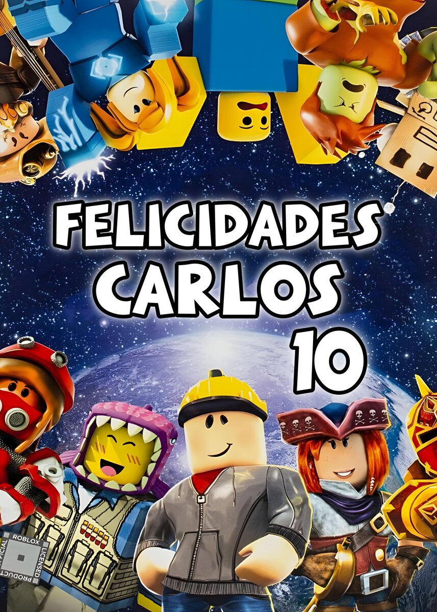 Diseño circular de Roblox con fondo espacial, personalizado con nombre, edad y felicitación.