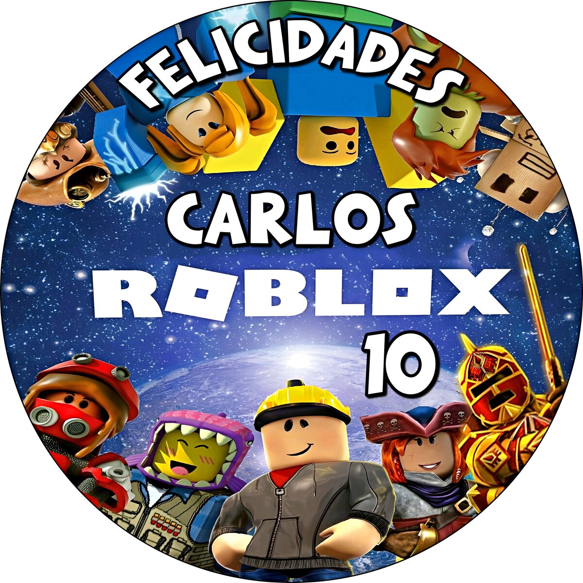 Diseño circular con logotipo blanco de Roblox y personajes alrededor de un fondo espacial azul.