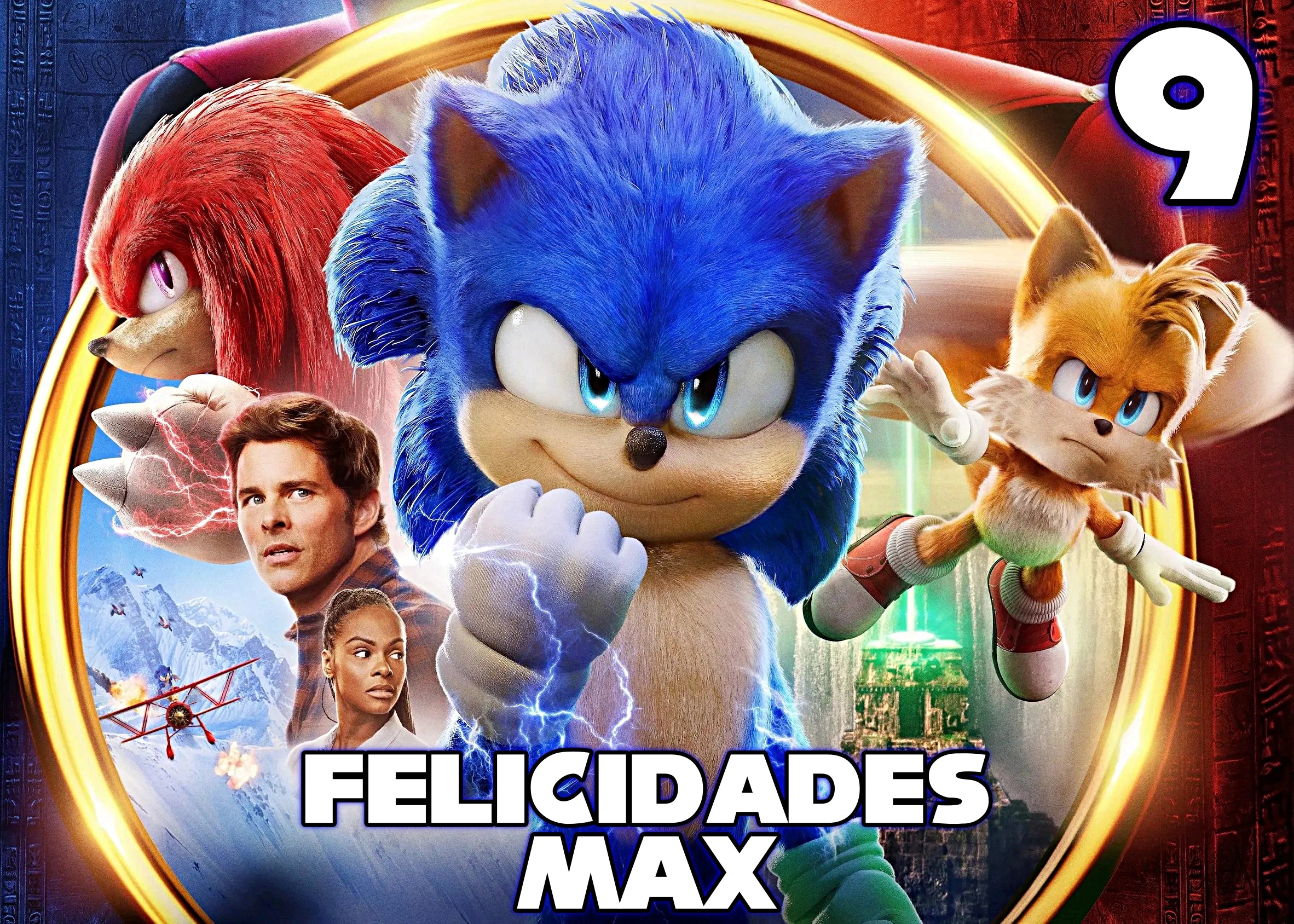 Foto comestible para tarta con Sonic, Tails y Knuckles de la película sobre fondo de acción personalizable con nombre y edad.