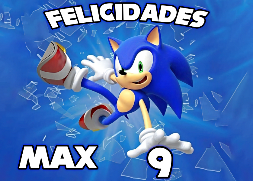 Oblea comestible rectangular con Sonic sobre fondo azul personalizable con nombre y edad para tarta de cumpleaños.