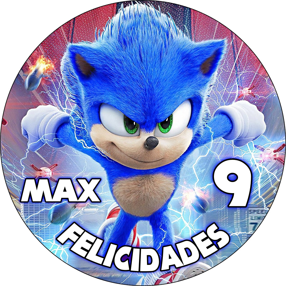 Oblea personalizada para tarta con Sonic saltando sobre fondo azul con espacio para nombre y edad.