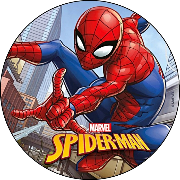 Oblea comestible redonda con diseño de Ultimate Spider-Man lanzando telarañas sobre fondo azul con telaraña para decorar tartas de cumpleaños.