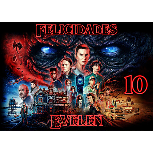 Oblea comestible personalizada con diseño inspirado en Stranger Things. Perfecta para decorar pasteles y repostería de cumpleaños de forma fácil y segura. Envío rápido y calidad profesional.