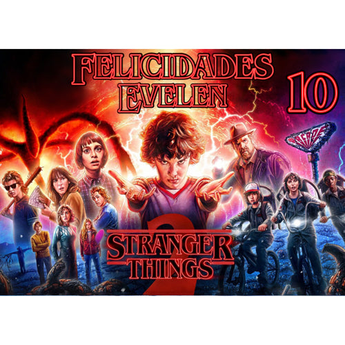 Oblea comestible personalizada con diseño inspirado en Stranger Things. Perfecta para decorar pasteles y repostería de cumpleaños de forma fácil y segura. Envío rápido y calidad profesional.