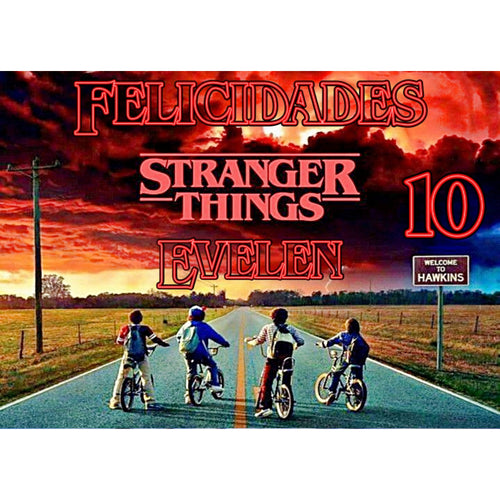 Oblea comestible personalizada con diseño inspirado en Stranger Things. Perfecta para decorar pasteles y repostería de cumpleaños de forma fácil y segura. Envío rápido y calidad profesional.