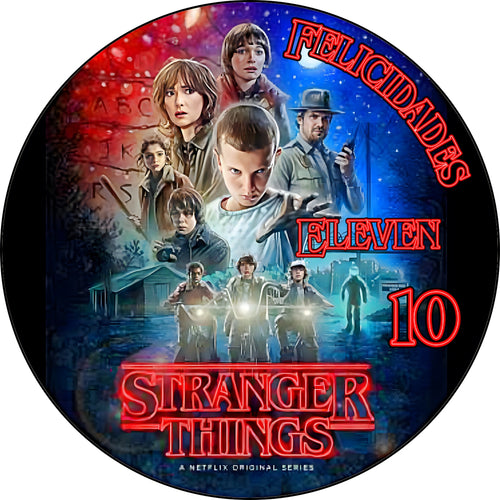 Oblea comestible personalizada con diseño inspirado en Stranger Things. Perfecta para decorar pasteles y repostería de cumpleaños de forma fácil y segura. Envío rápido y calidad profesional.