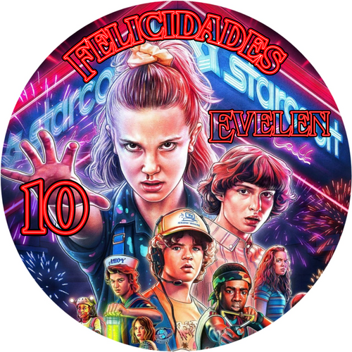Oblea comestible personalizada con diseño inspirado en Stranger Things. Perfecta para decorar pasteles y repostería de cumpleaños de forma fácil y segura. Envío rápido y calidad profesional.