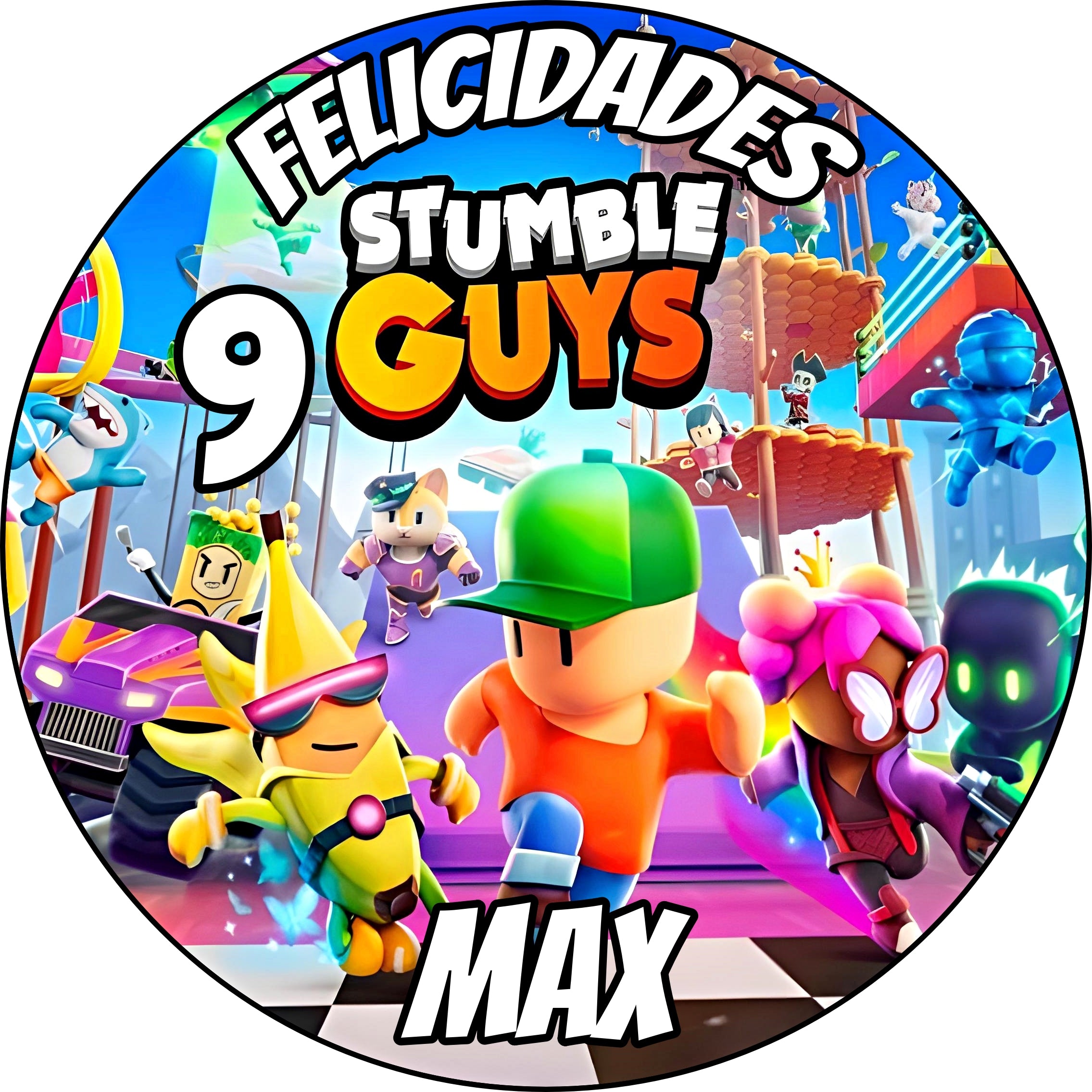 Oblea o papel de azúcar STUMBLE GUYS personalizada con foto, nombre y edad para tarta de cumpleaños