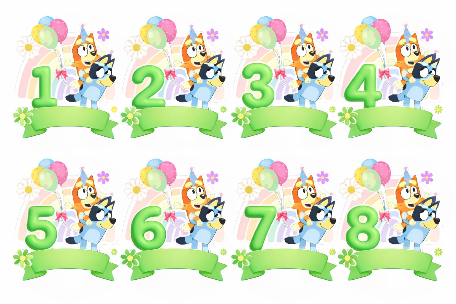 Oblea comestible con Bluey y Bingo y números del 1 al 8 para decoración de tartas infantiles de cumpleaños